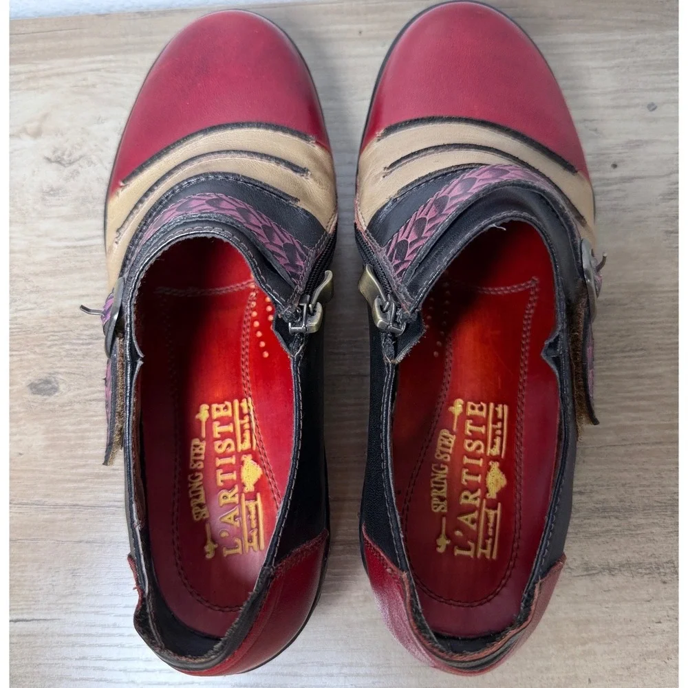 Spring Step L'Artiste Expel Red Multi Color Leather Patchwork Loafers EU‎ 37